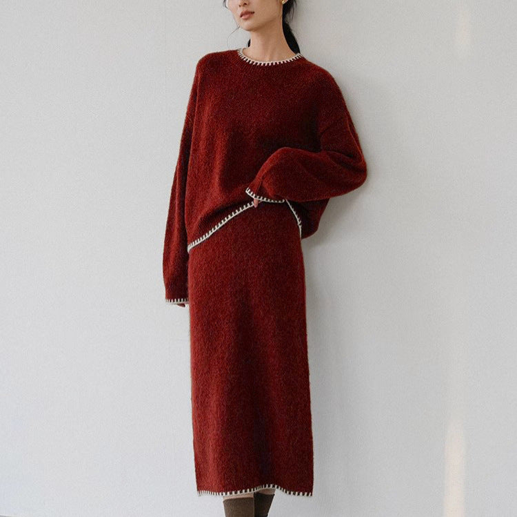 Damen Strickensemble Lässiger Schnitt Dekorative Details Beige