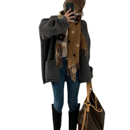 Damen Strickjacke Oversized V-Ausschnitt mit Taschen Beige