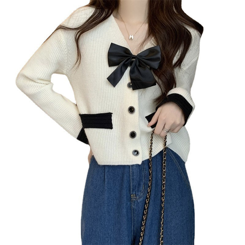 Damen Strickjacke Satinband Knöpfe Norvielle