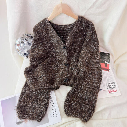 Damen Strickjacke Luftig Ballonärmel Knöpfe Beige