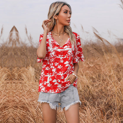 Damen Bluse Floralmuster V-Ausschnitt Elegante Bluse