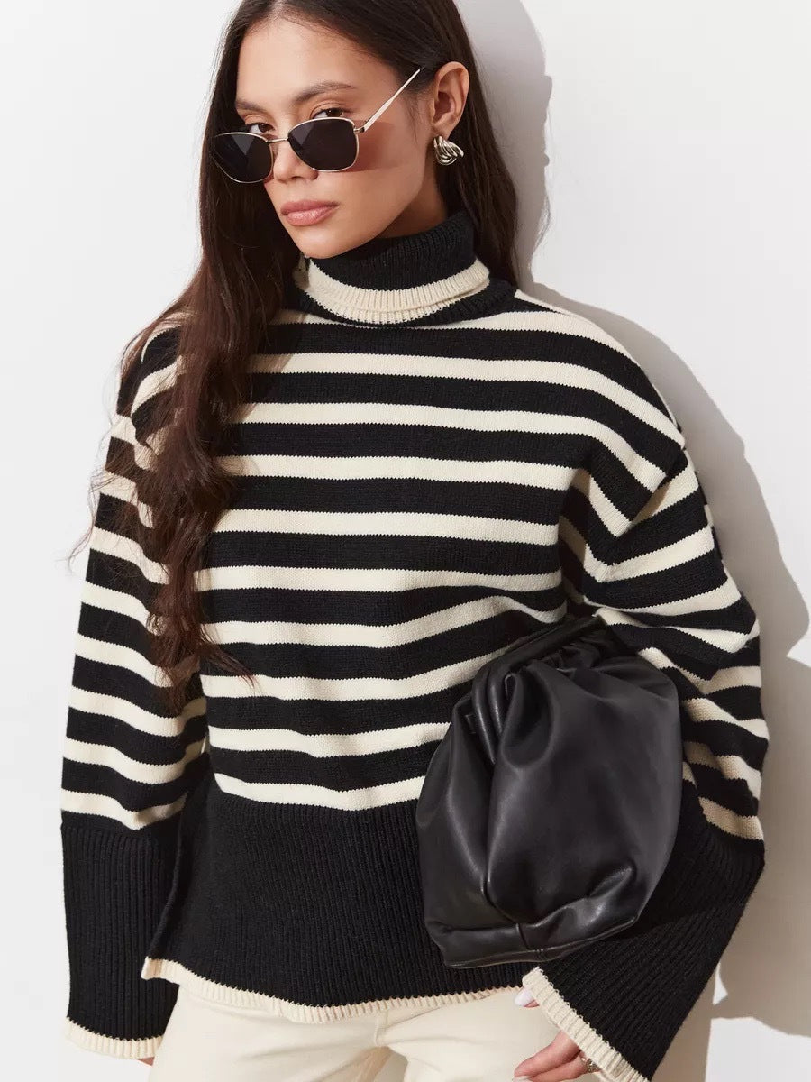 Damen Pullover Grob gestrickt Breton Streifen Hochkragen Beige