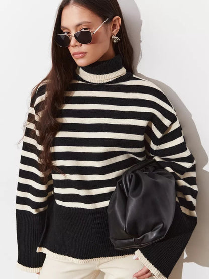 Damen Pullover Gestreift Hoher Kragen Lässiger Schnitt