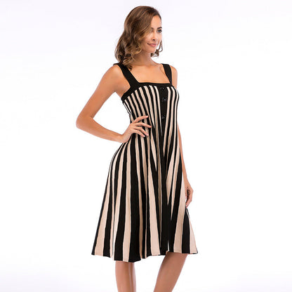 Damen Midikleid Asymmetrisches Streifenmuster Dekorativer Knopf