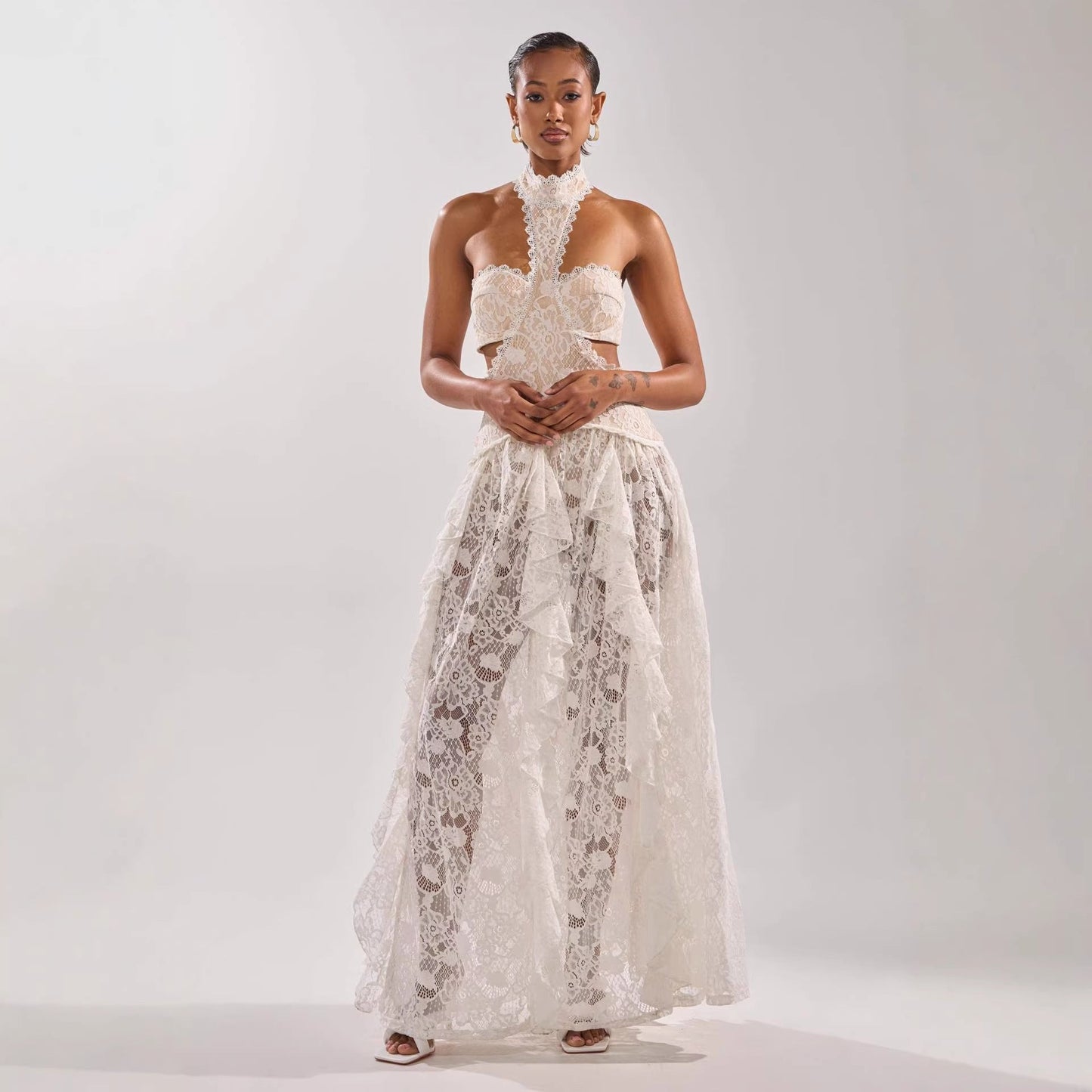 Damen Spitzentraumkleid Hochgeschlossener Kragen Fließender Rock