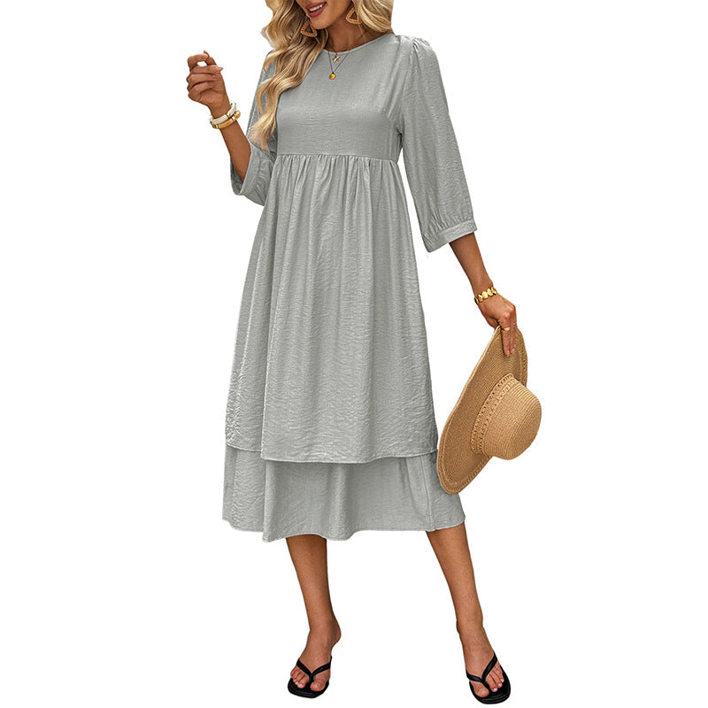 Damen Midi-Kleid Schwingrock Puffärmel Elegant Norvielle