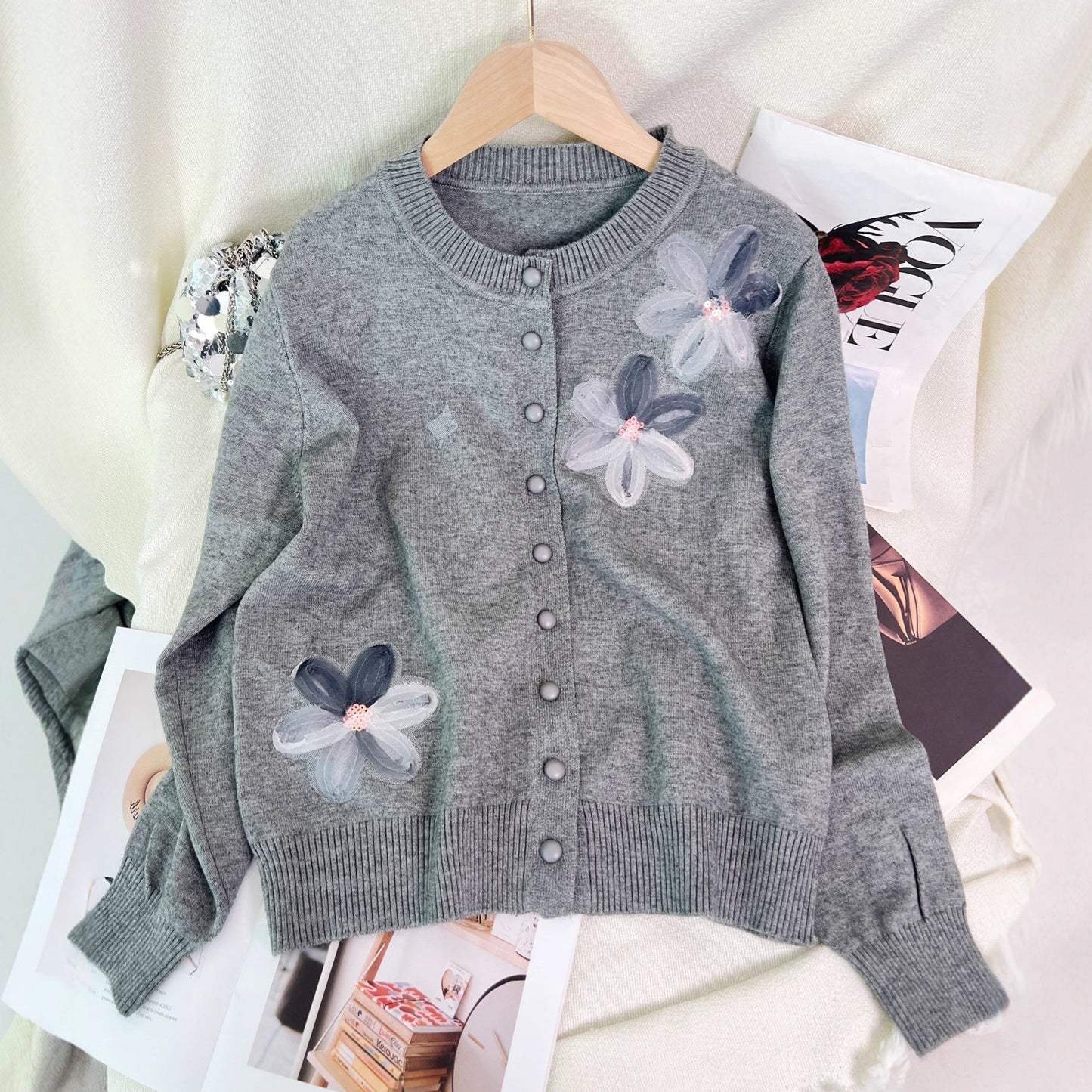 Damen Strickjacke Florales Design Knopfverschluss Norvielle