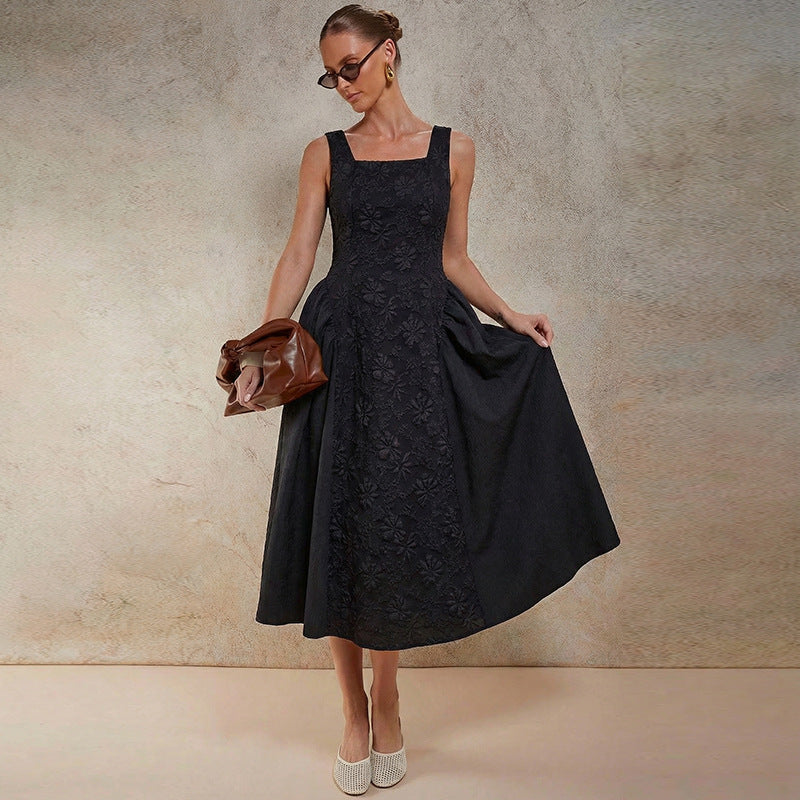 Damen Maxikleid Flora Stickerei Weit Rock