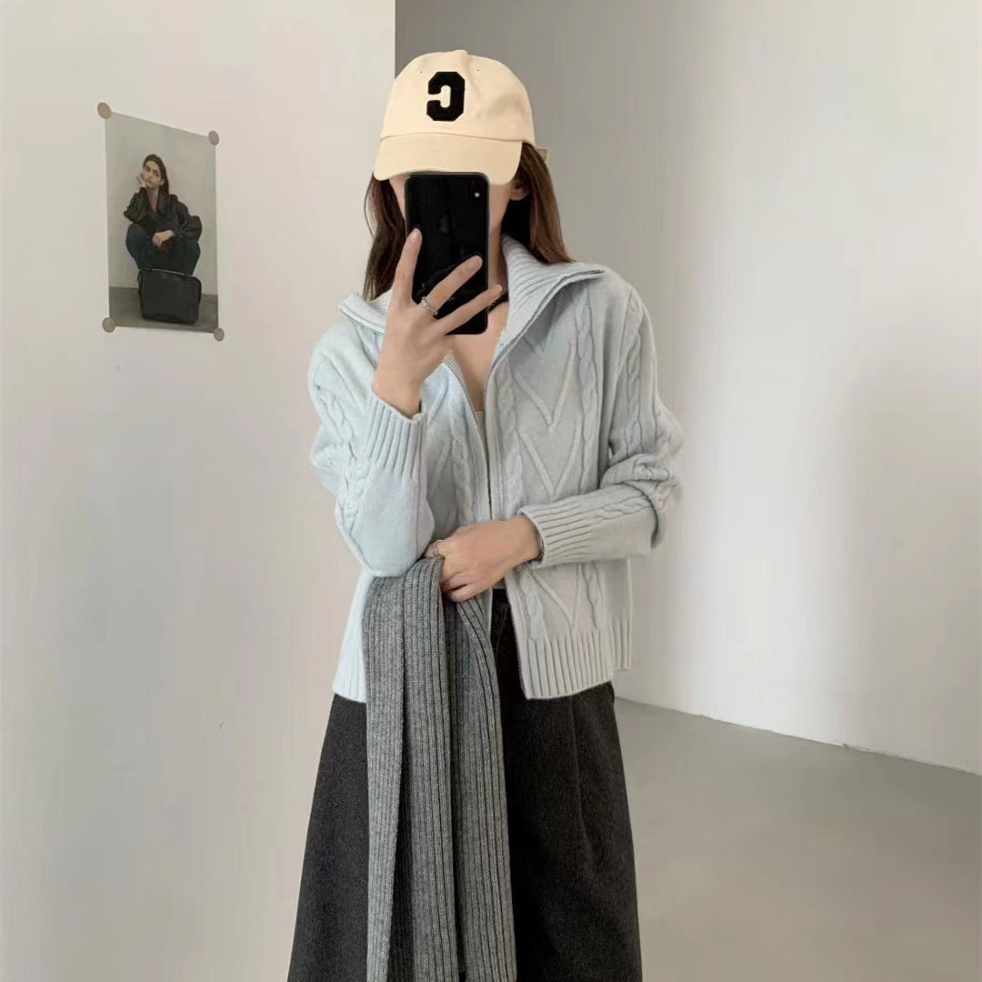 Damen Strickjacke Kabelmuster mit Reißverschluss Beige