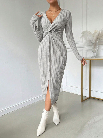 Damen Midi-Kleid Figurbetont Twist-Detail Seitlicher Schlitz Norvielle
