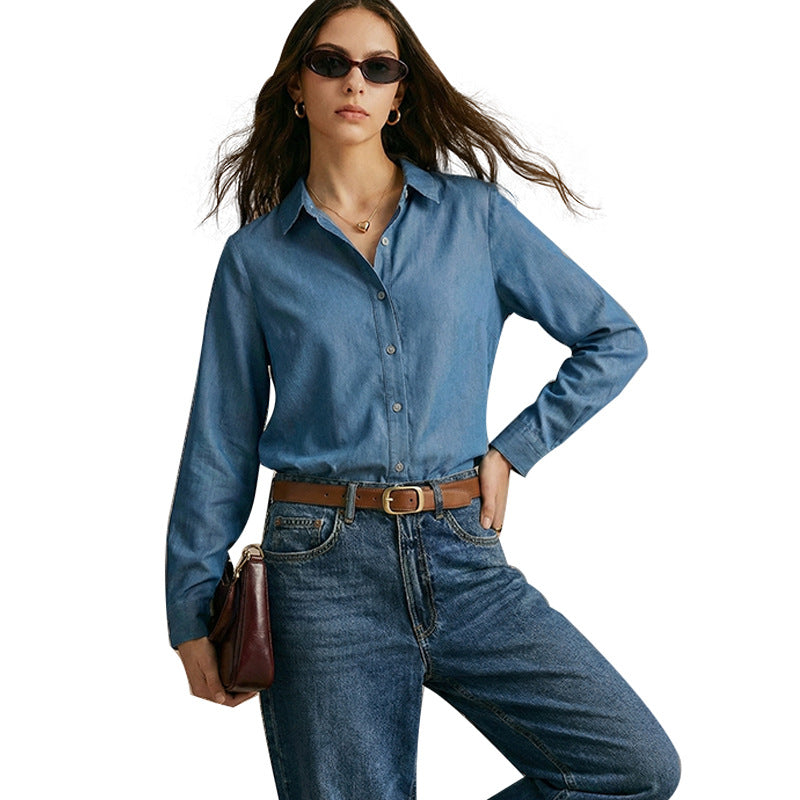 Damen Denim-Bluse Klassisch Knopfleiste