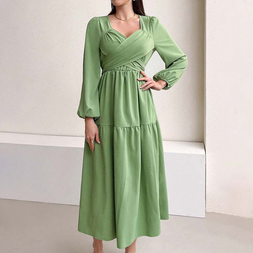 Damen Midikleid Wickeldetail Voluminöse Ärmel