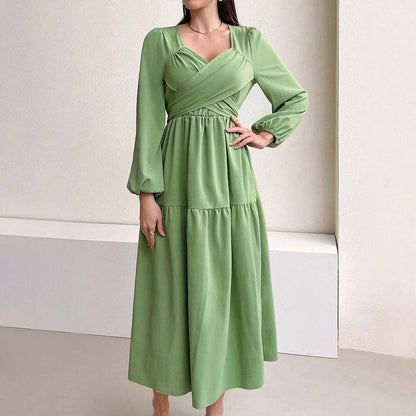 Damen Midikleid Wickeldetail Voluminöse Ärmel