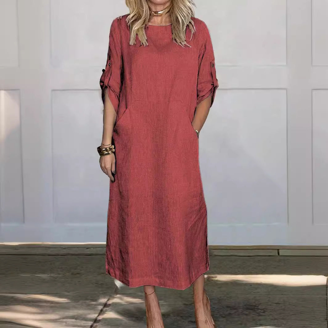 Damen Leinen-Midikleid mit Seitentaschen und Umschlagärmeln Beige