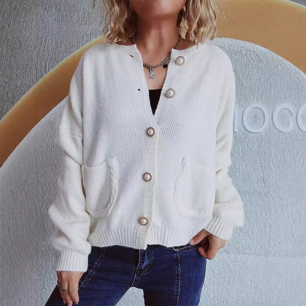 Damen Strickjacke mit Perlenknöpfen und Taschen - Norvielle