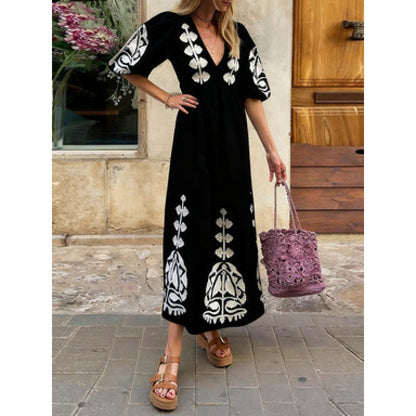 Damen Midikleid Luftige Puffärmel Florales Stickdesign