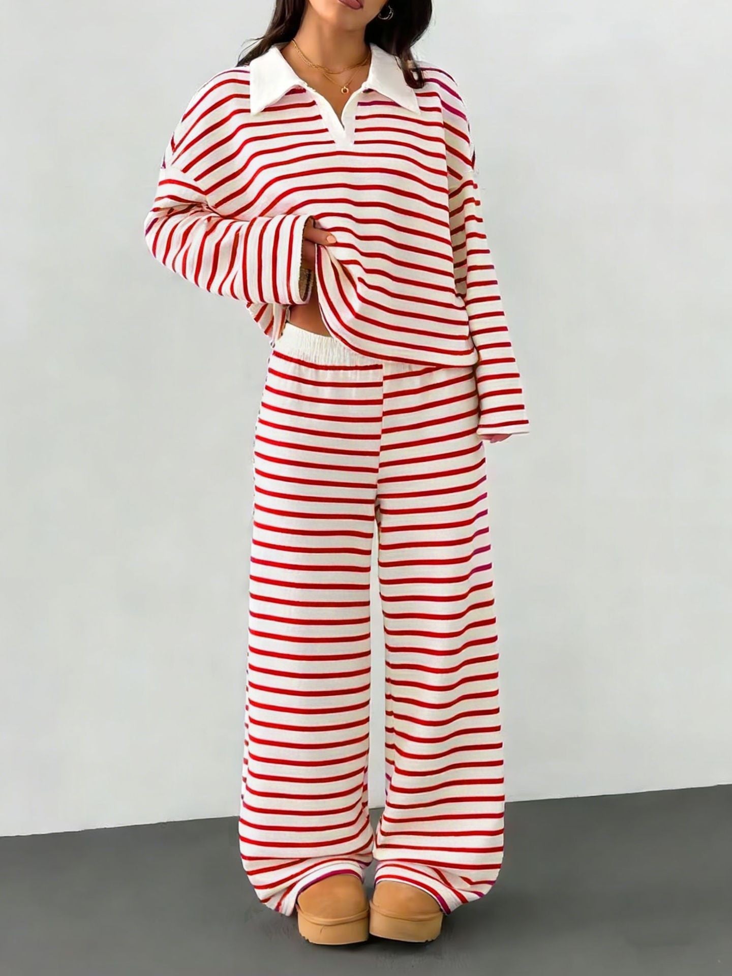 Damen Loungewear-Set mit Kragen Streifen Norvielle