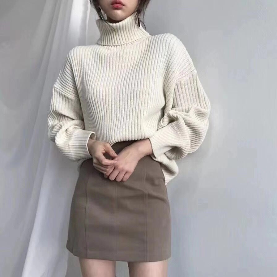 Damen Grobstrickpullover Hoher Kragen Voluminöse Ärmel Norvielle