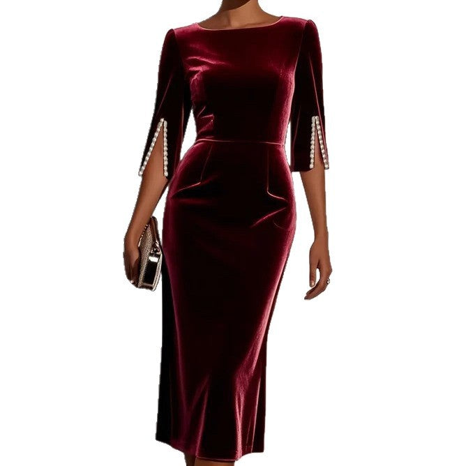 Damen Samtkleid Figurbetont Perlendetails