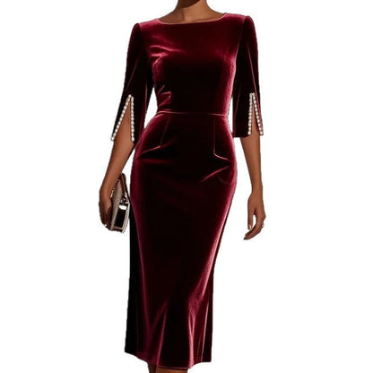 Damen Samtkleid Figurbetont Perlendetails