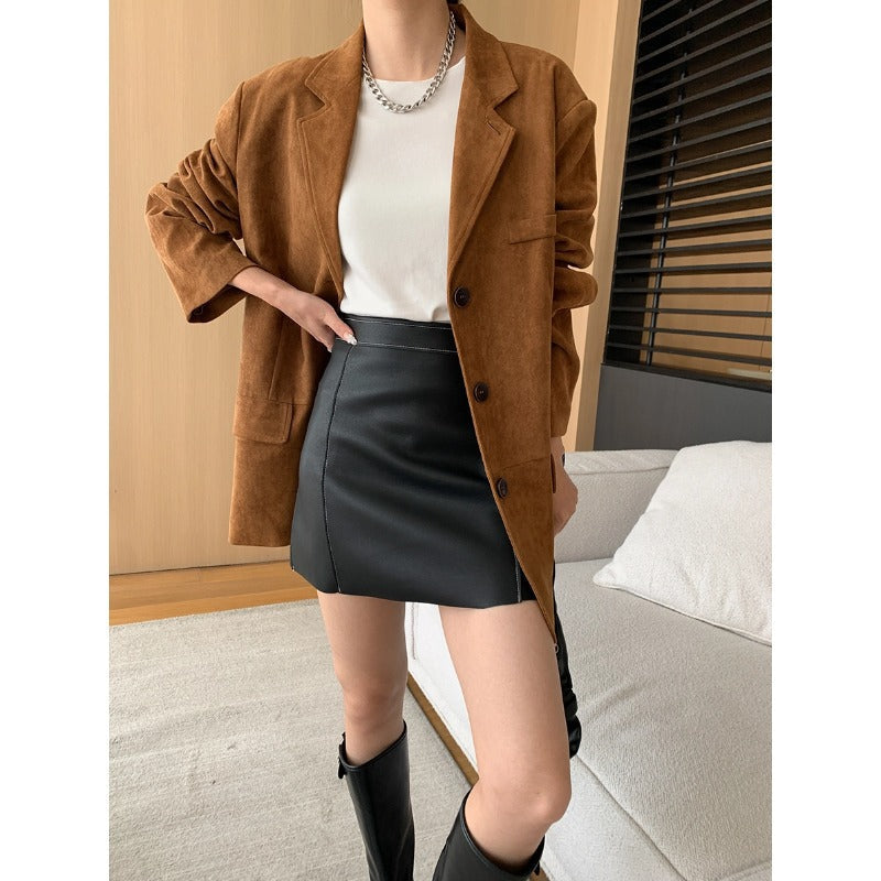 Damen Oversized Blazerjacke Weiches Wildleder