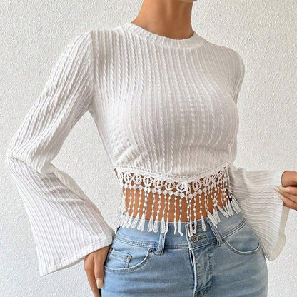 Damen Crop- Spitze Trompetenärmel Elégant Weiß