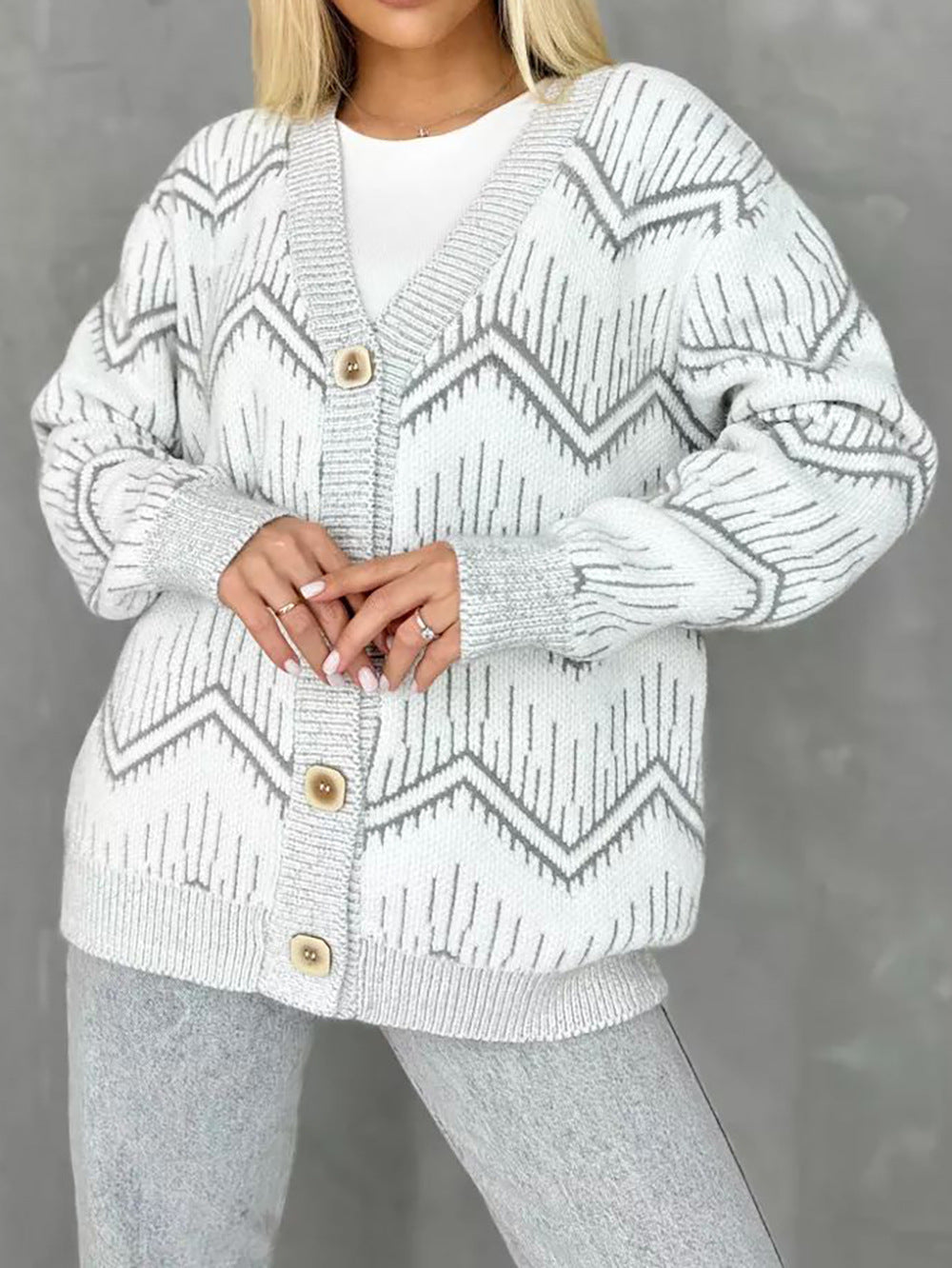 Damen Strickjacke Zigzag-Muster Knöpfe Beige
