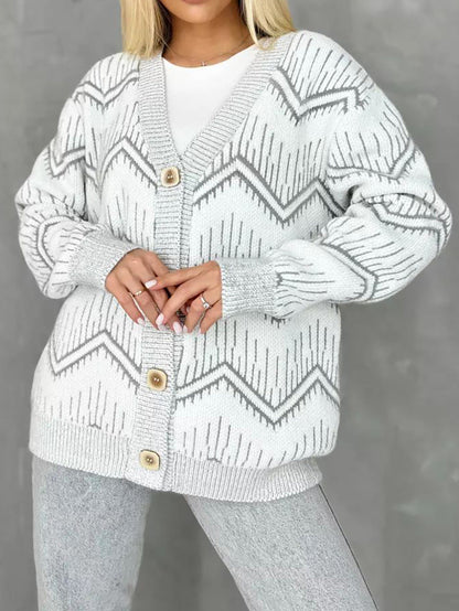 Damen Strickjacke Zigzag-Muster Knöpfe Beige