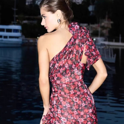 Damen Minikleid Asymmetrisch Floral mit Volantabschluss und
