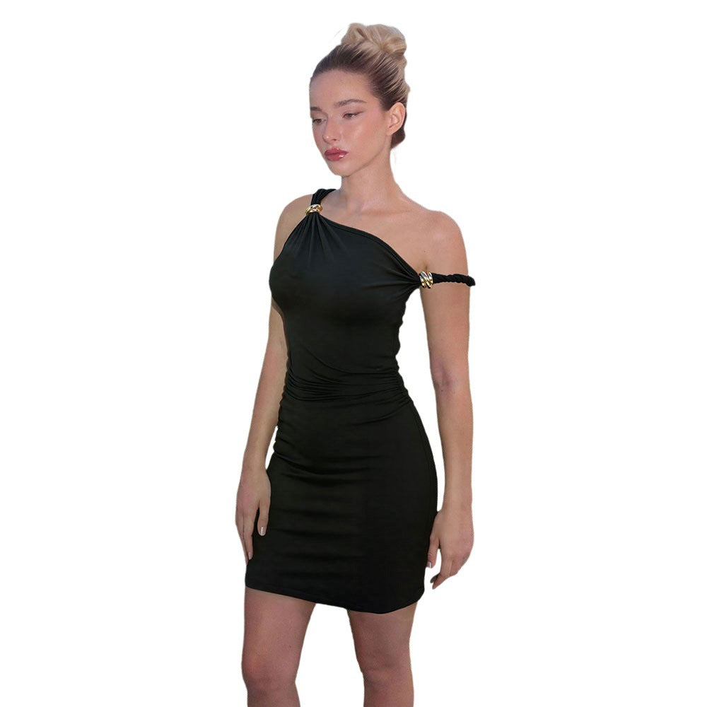 Damen Minikleid Asymmetrischer Ausschnitt Goldene Akzente