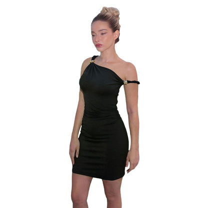 Damen Minikleid Asymmetrischer Ausschnitt Goldene Akzente