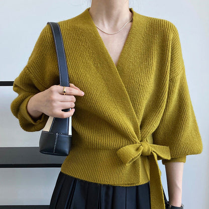 Damen Wickelpullover Breite Ärmel Taillengürtel Norvielle