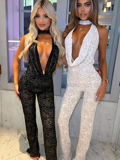 Damen Jumpsuit Spitze V-Ausschnitt Eleganter Rücken Norvielle