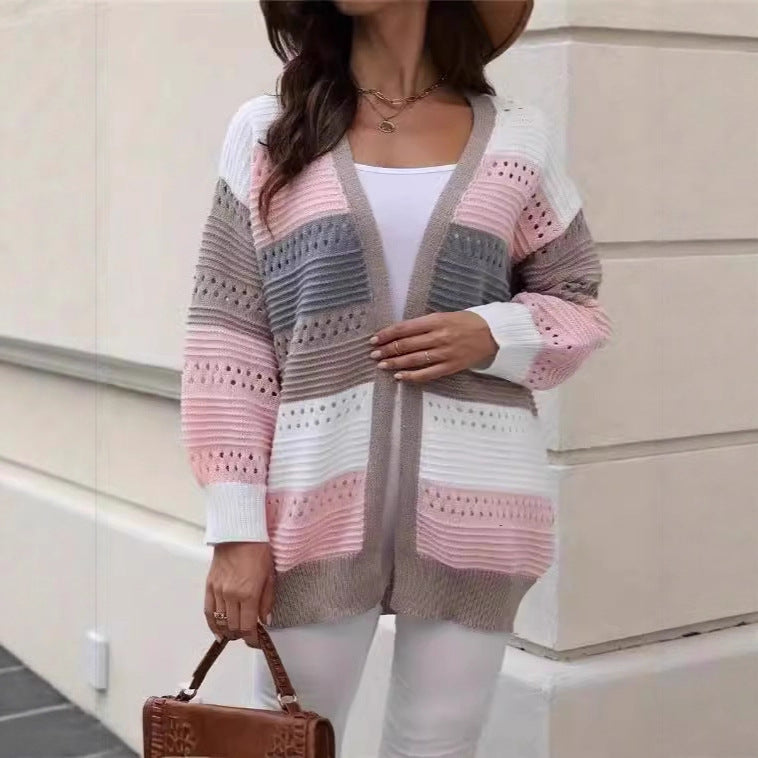 Damen Strickcardigan Groß Lochmuster Farbblock Norvielle