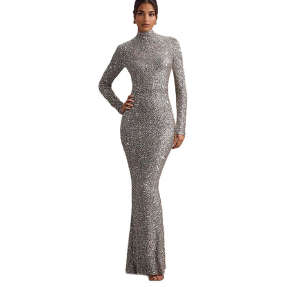 Damen Abendkleid Glitzernd Hochkragen Figurbetont Norvielle