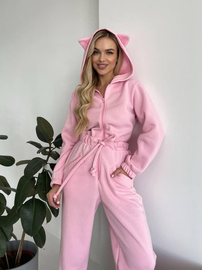 Damen Jumpsuit Kuschelig Känguru-Taschen Tierohren Norvielle