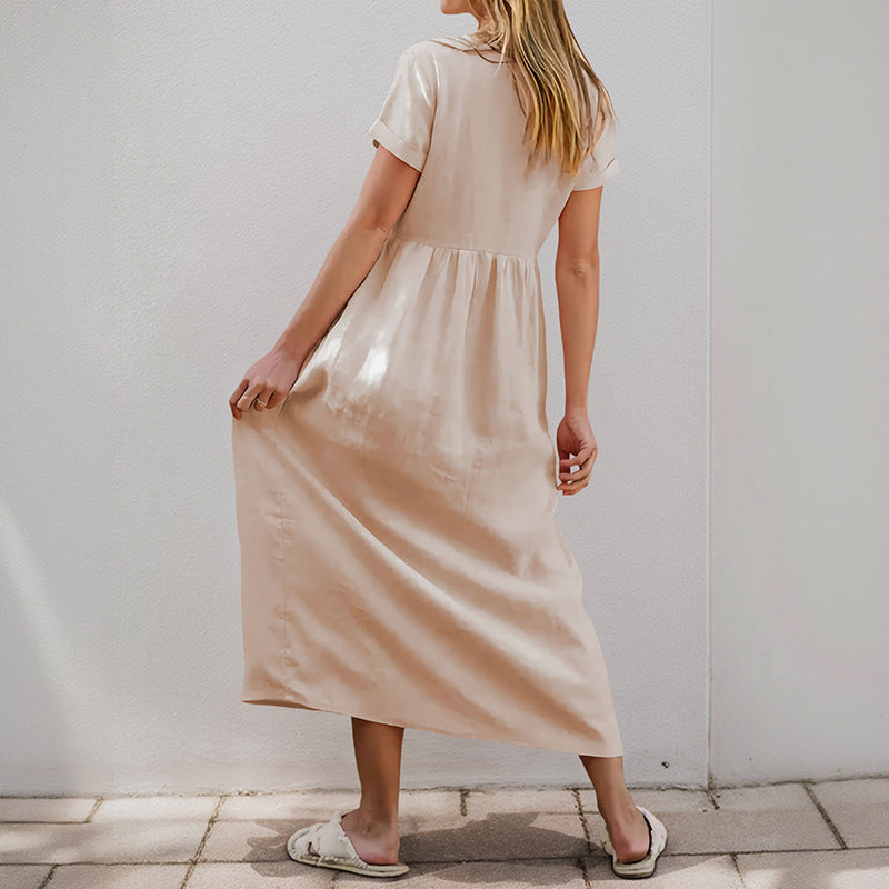 Damen Maxikleid V-Ausschnitt Dekorative Knöpfe