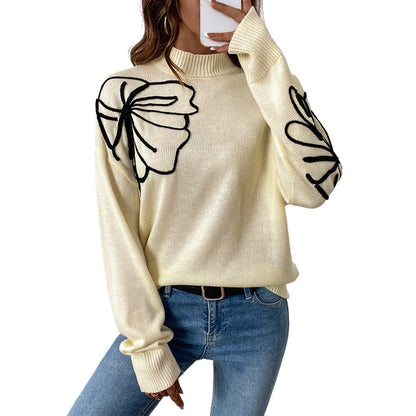 Damen Strickpullover Florales Design Hochkragen