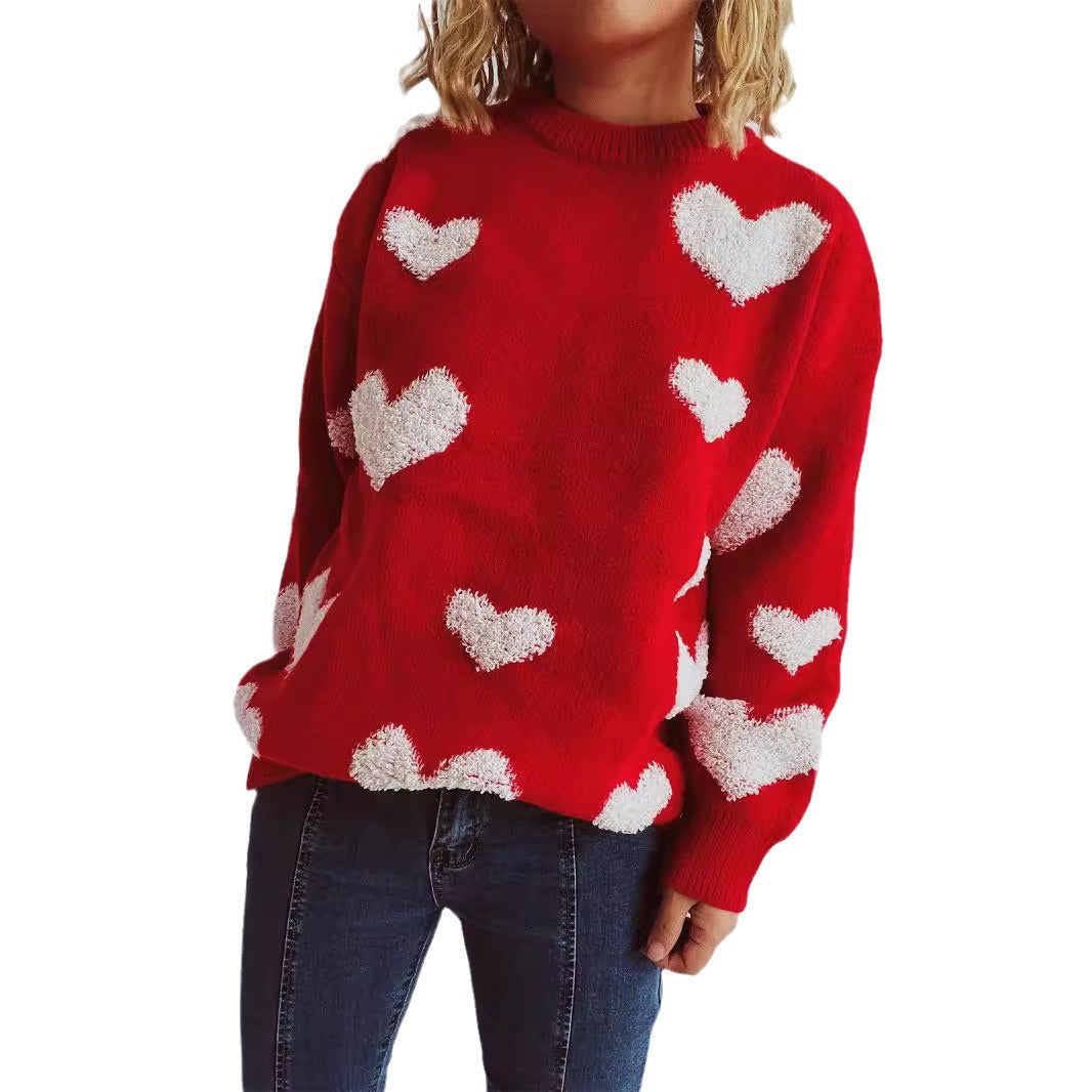 Damen Strickpullover Herzapplikationen