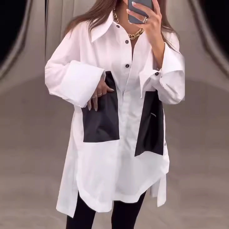 Damen Longbluse mit Kontrasttaschen Baumwolle Schwarz Weiß - Norvielle