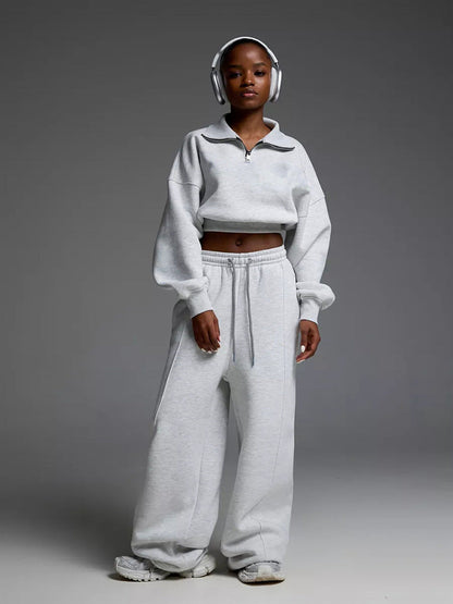 Damen Crop- Set mit hohem Kragen und weiten Hosen
