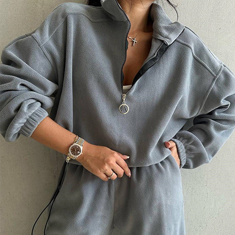 Damen Fleece-Loungewear-Set Elastischer Bund Halbzipper Beige