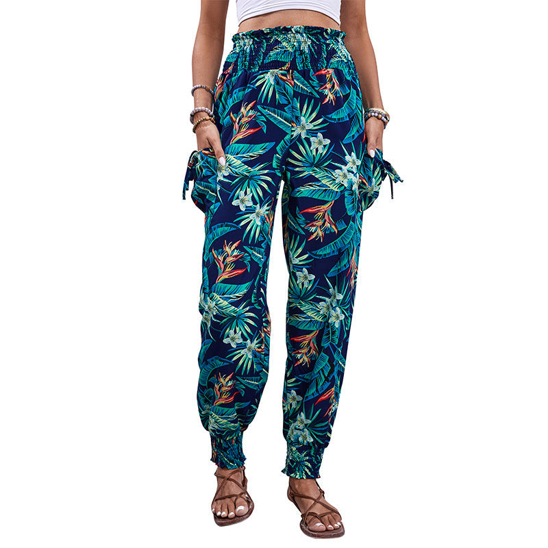 Damen Cargo-Hose Elastischer Bund Bunter Blätter-Print Norvielle