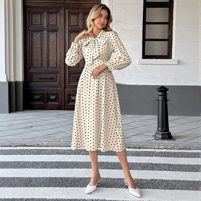 Damen Polka-Dot Midi-Kleid mit Bindekragen und langen Ärmeln