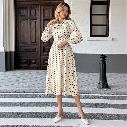 Damen Polka-Dot Midi-Kleid mit Bindekragen und langen Ärmeln