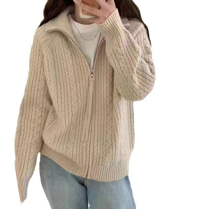 Damen Grobstrickjacke Hochschließend Reißverschluss Strukturiertes