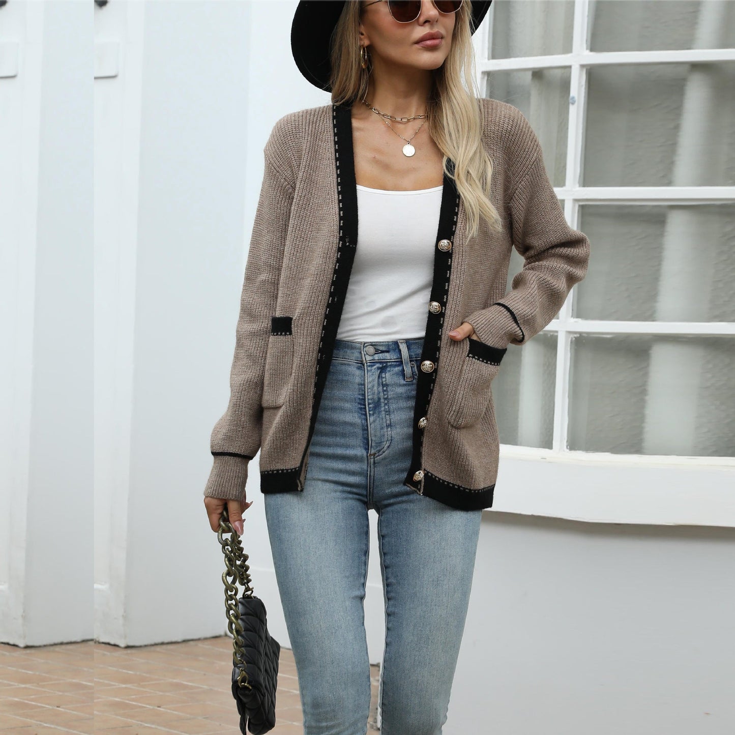 Damen Strickjacke Strukturiertes Muster Golden
