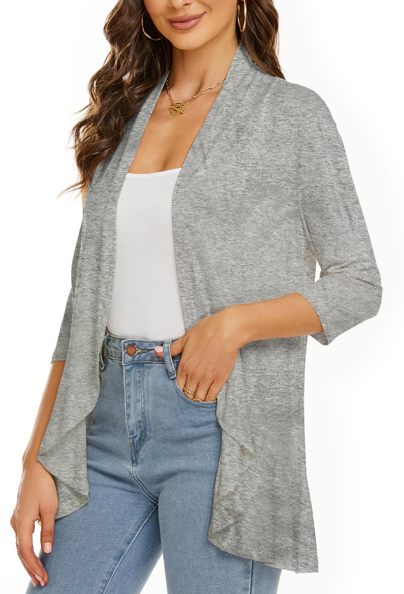 Norvielle Damen Strickjacke Einfarbig 3/4 Ärmel Rüschenrand