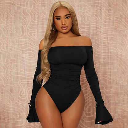 Damen Off-Shoulder Bodysuit Rüschendetails Lange Ärmel Norvielle