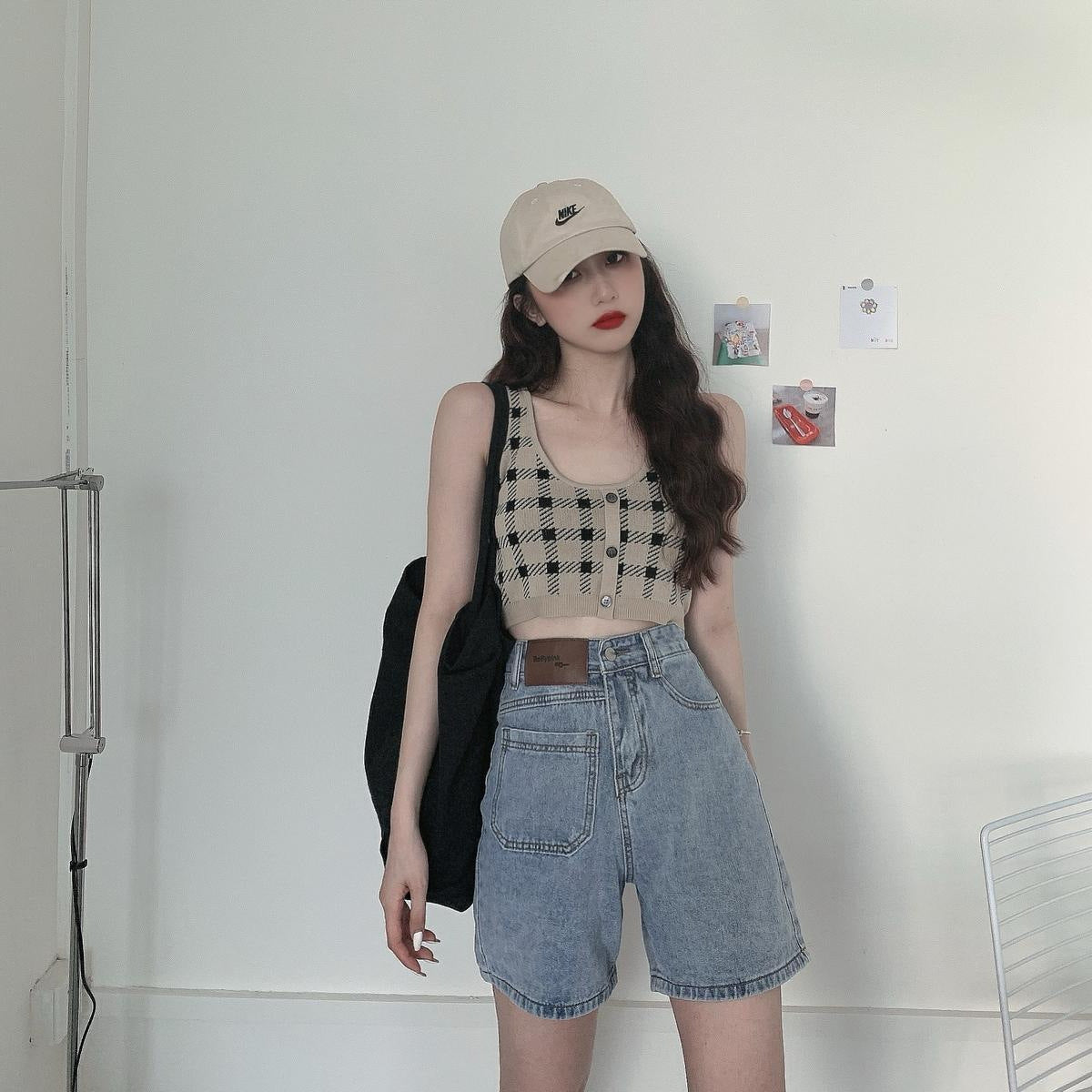 Damen Cropped Karomuster Knöpfe Norvielle - Norvielle
